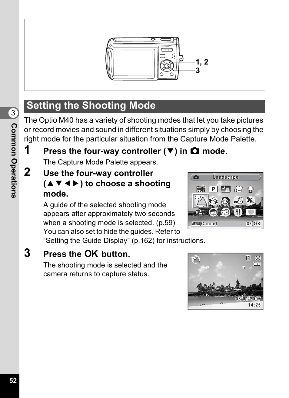 Setting the shooting mode, P.52), Press the four-way controller ( 3 ) in a mode | Press the 4 button | Pentax M40 User Manual | Page 54 / 192