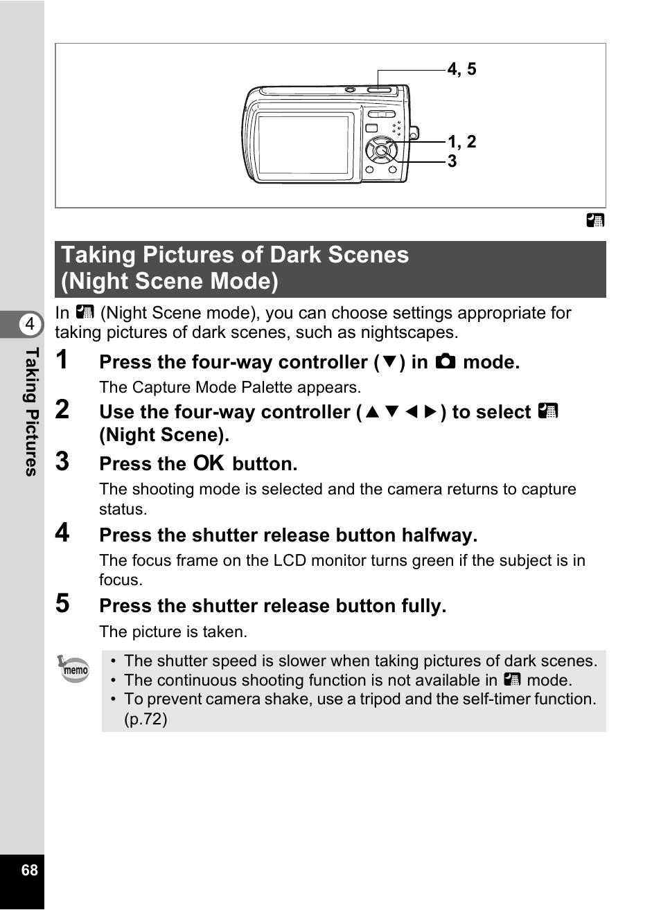 Taking pictures of dark scenes (night scene mode), P.68 | Pentax M40 User Manual | Page 70 / 192