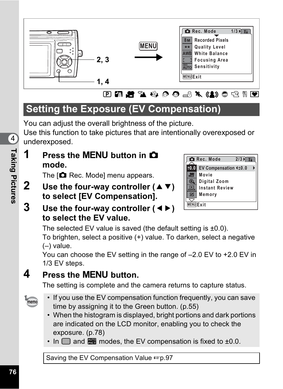 Setting the exposure (ev compensation), P.76), P.76 | Press the 3 button in a mode, Press the 3 button | Pentax M40 User Manual | Page 78 / 192