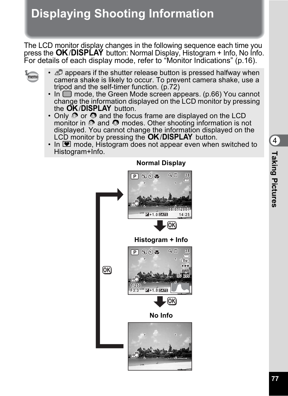 Displaying shooting information, P.77, 4tak ing pi cture s | Pentax M40 User Manual | Page 79 / 192