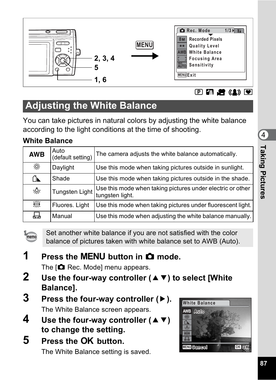 Adjusting the white balance, E (p.87), P.87 | Press the 3 button in a mode, Press the four-way controller ( 5 ), Press the 4 button | Pentax M40 User Manual | Page 89 / 192