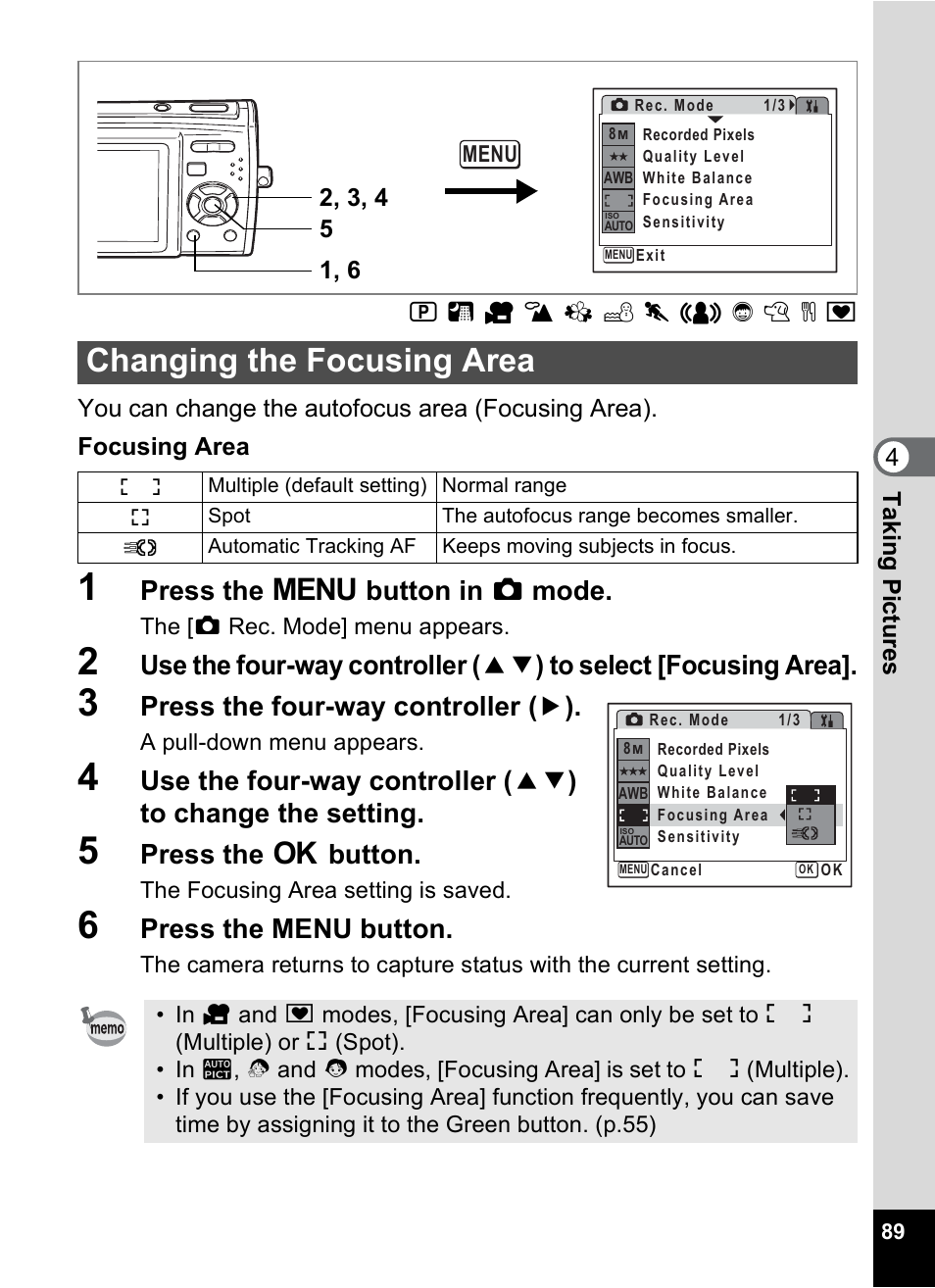 Changing the focusing area, P.89, Press the 3 button in a mode | Press the four-way controller ( 5 ), Press the 4 button, Press the menu button | Pentax M40 User Manual | Page 91 / 192