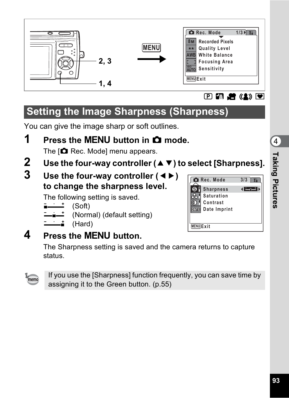 Setting the image sharpness (sharpness), P.93, Press the 3 button in a mode | Press the 3 button, You can give the image sharp or soft outlines | Pentax M40 User Manual | Page 95 / 192