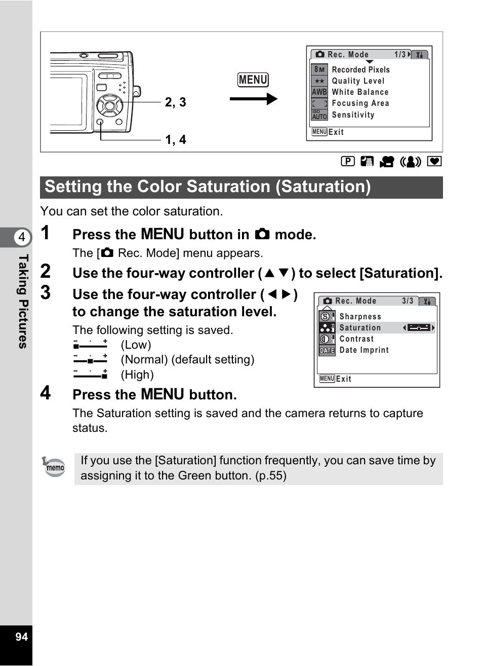 Setting the color saturation (saturation), P.94, Press the 3 button in a mode | Press the 3 button | Pentax M40 User Manual | Page 96 / 192