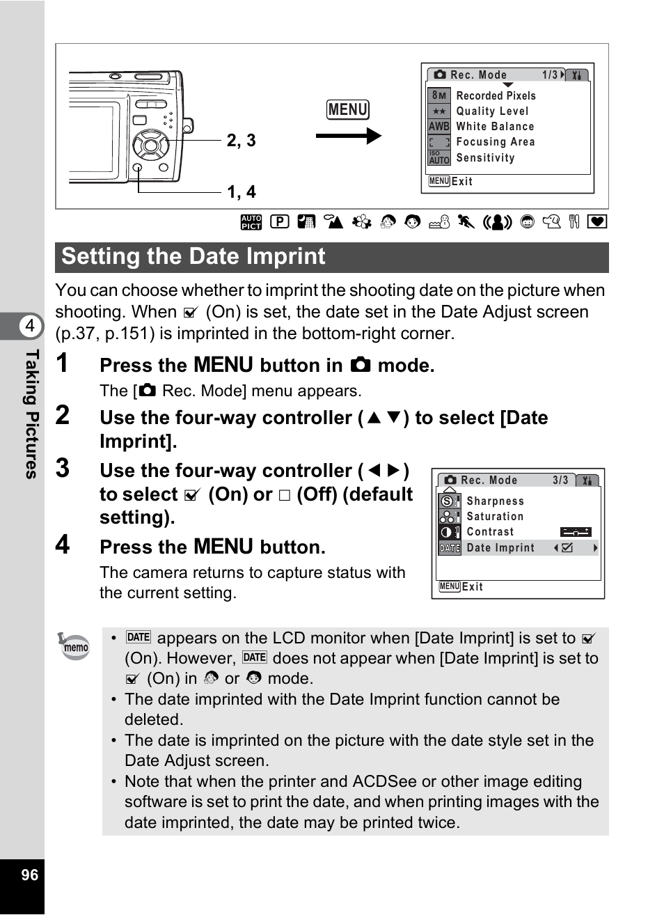 Setting the date imprint, P.96), P.96 | Press the 3 button in a mode, Press the 3 button | Pentax M40 User Manual | Page 98 / 192