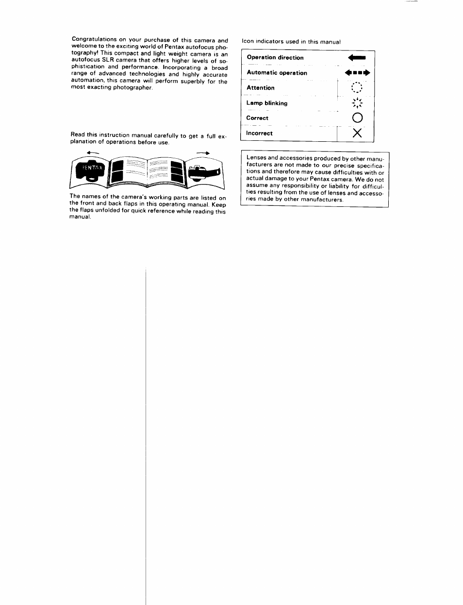 Operation direction, Automatic operation, Attention | Lamp blinking, Correct, Incorrect | Pentax ZX-5N User Manual | Page 2 / 102