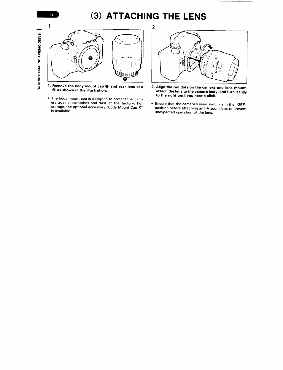 3) attaching the lens | Pentax ZX-5N User Manual | Page 20 / 102