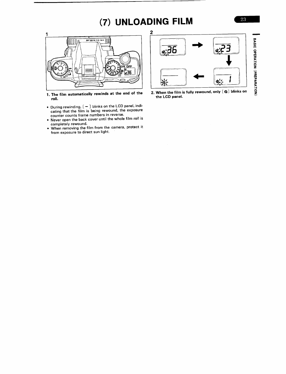 7) unloading film, Unloading film | Pentax ZX-5N User Manual | Page 27 / 102