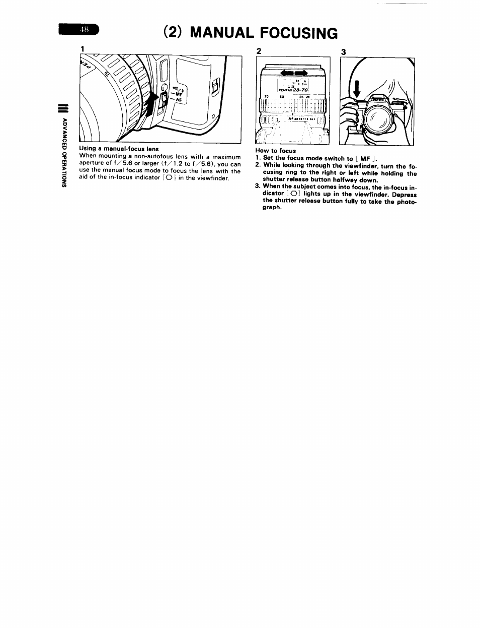 2) manual focusing, Manual focusing | Pentax ZX-5N User Manual | Page 52 / 102