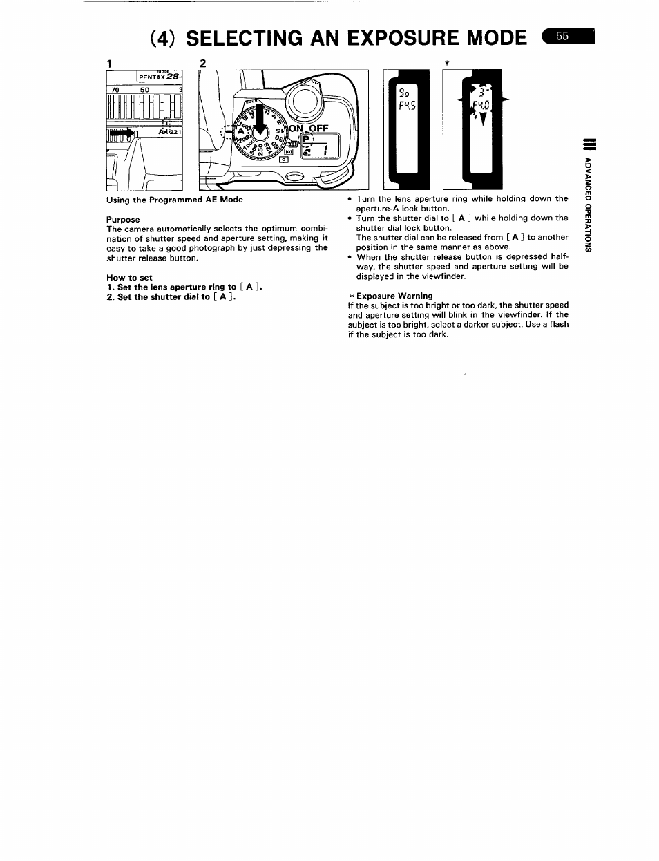 4) selecting an exposure mode, Selecting the exposure mode | Pentax ZX-5N User Manual | Page 59 / 102