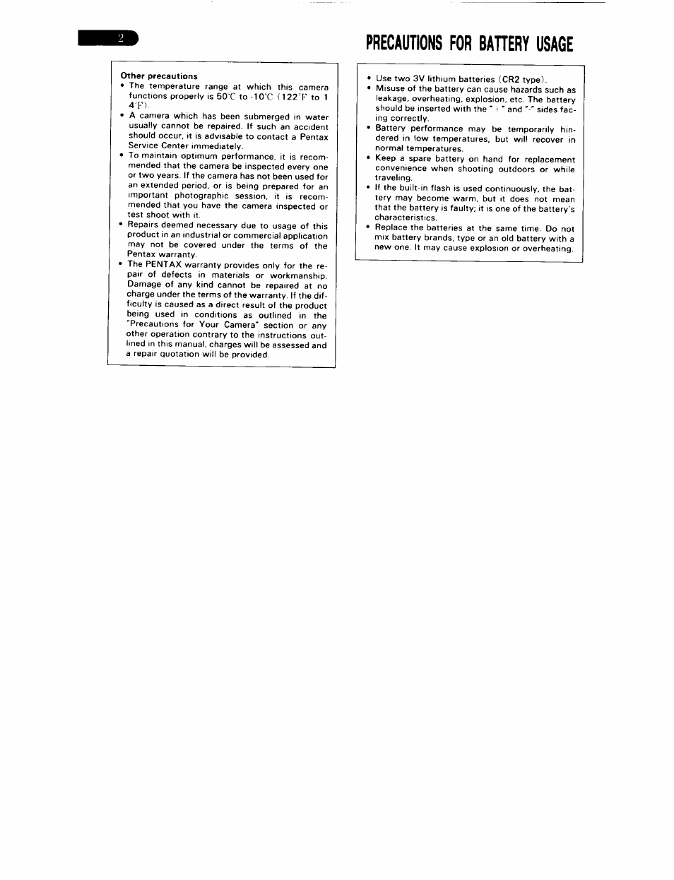 Precautions for bahery usage, Other precautions | Pentax ZX-5N User Manual | Page 6 / 102