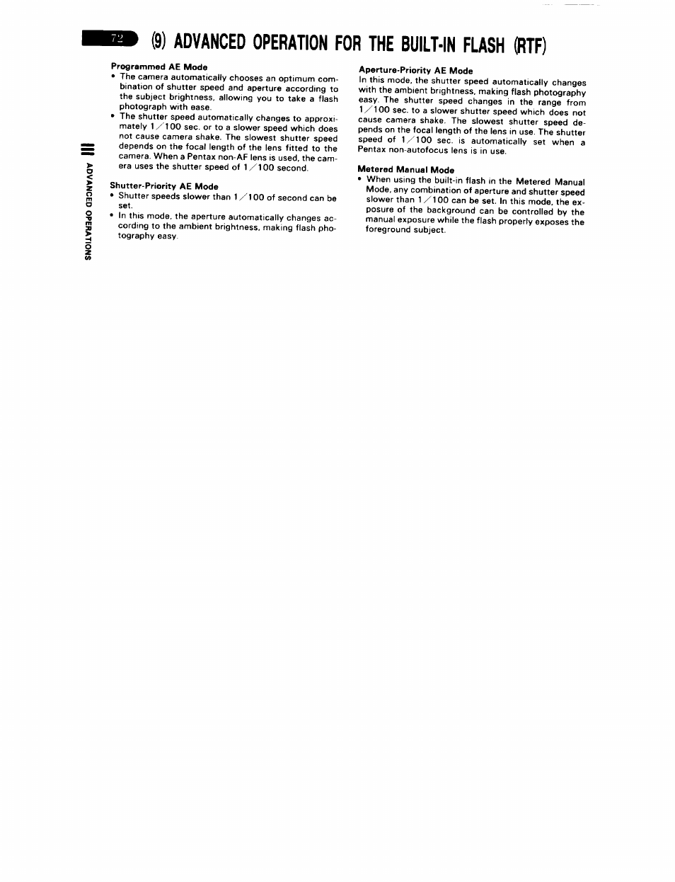 9) advanced operation for the built-in flash (rtf), Programmed ae mode, Shutter-priority ae mode | Aperture-priority ae mode, Metered manual mode, Using the aperture-priority ae mode, Advanced operation for the built-in flash | Pentax ZX-5N User Manual | Page 76 / 102