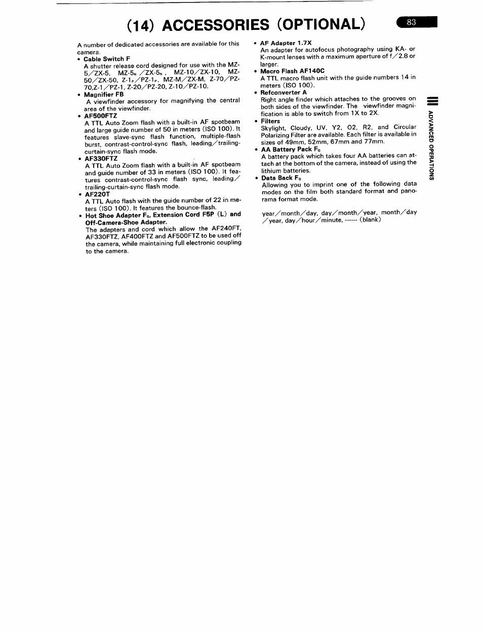 14) accessories (optional), Accessories (optional) | Pentax ZX-5N User Manual | Page 87 / 102