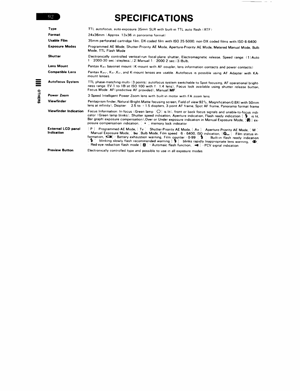 Specifications | Pentax ZX-5N User Manual | Page 96 / 102