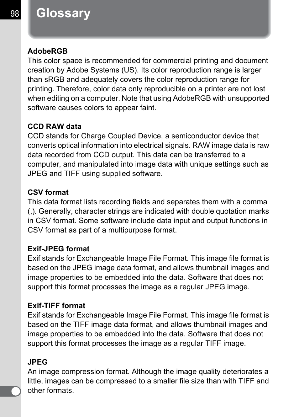 Glossary | Pentax Browser 2.0 User Manual | Page 100 / 104