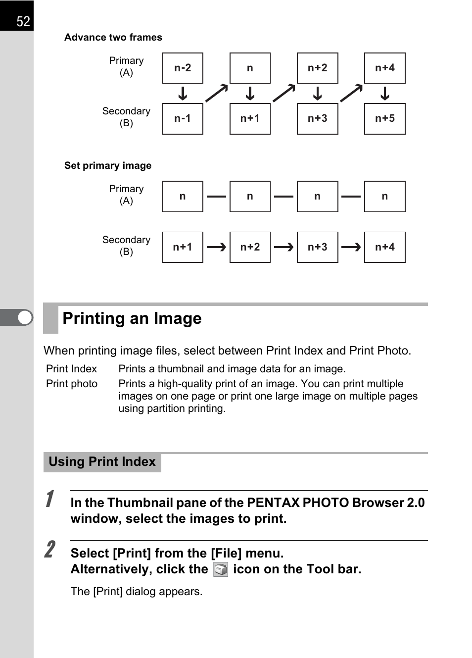 Printing an image, P.52), P.52 | Pentax Browser 2.0 User Manual | Page 54 / 104