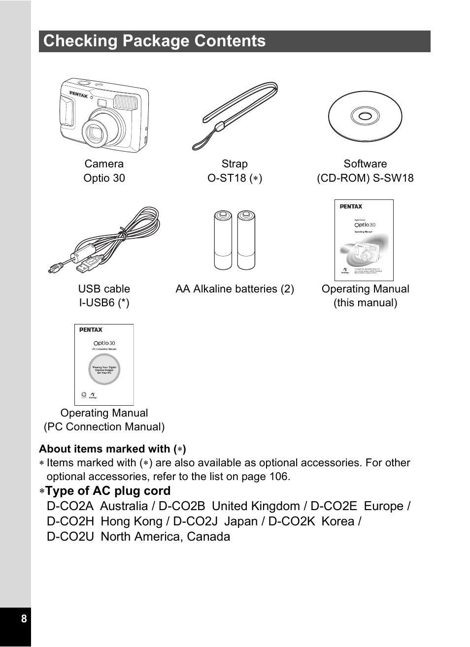 Checking package contents | Pentax 30 User Manual | Page 10 / 116
