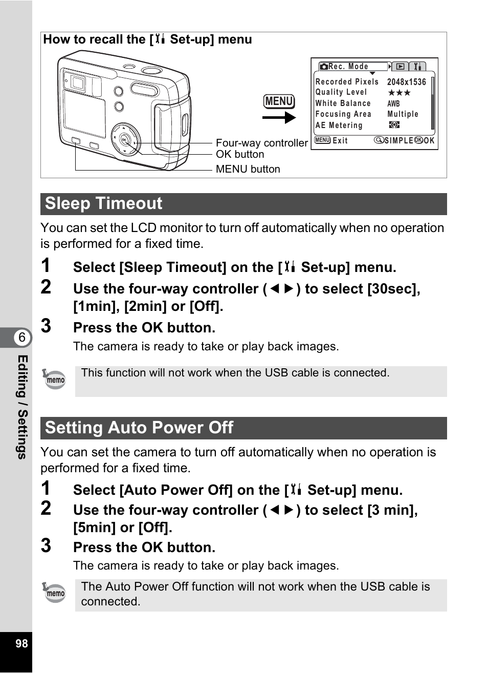 Sleep timeout, Setting auto power off, P.98 | Pentax 30 User Manual | Page 100 / 116