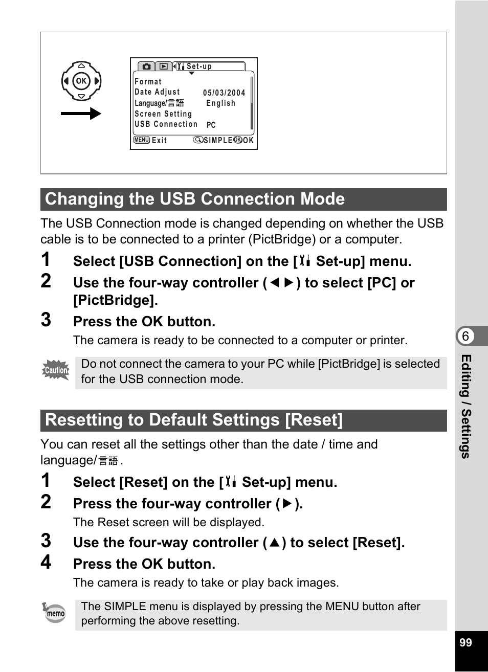 Changing the usb connection mode, Resetting to default settings [reset, P.99 | Pentax 30 User Manual | Page 101 / 116