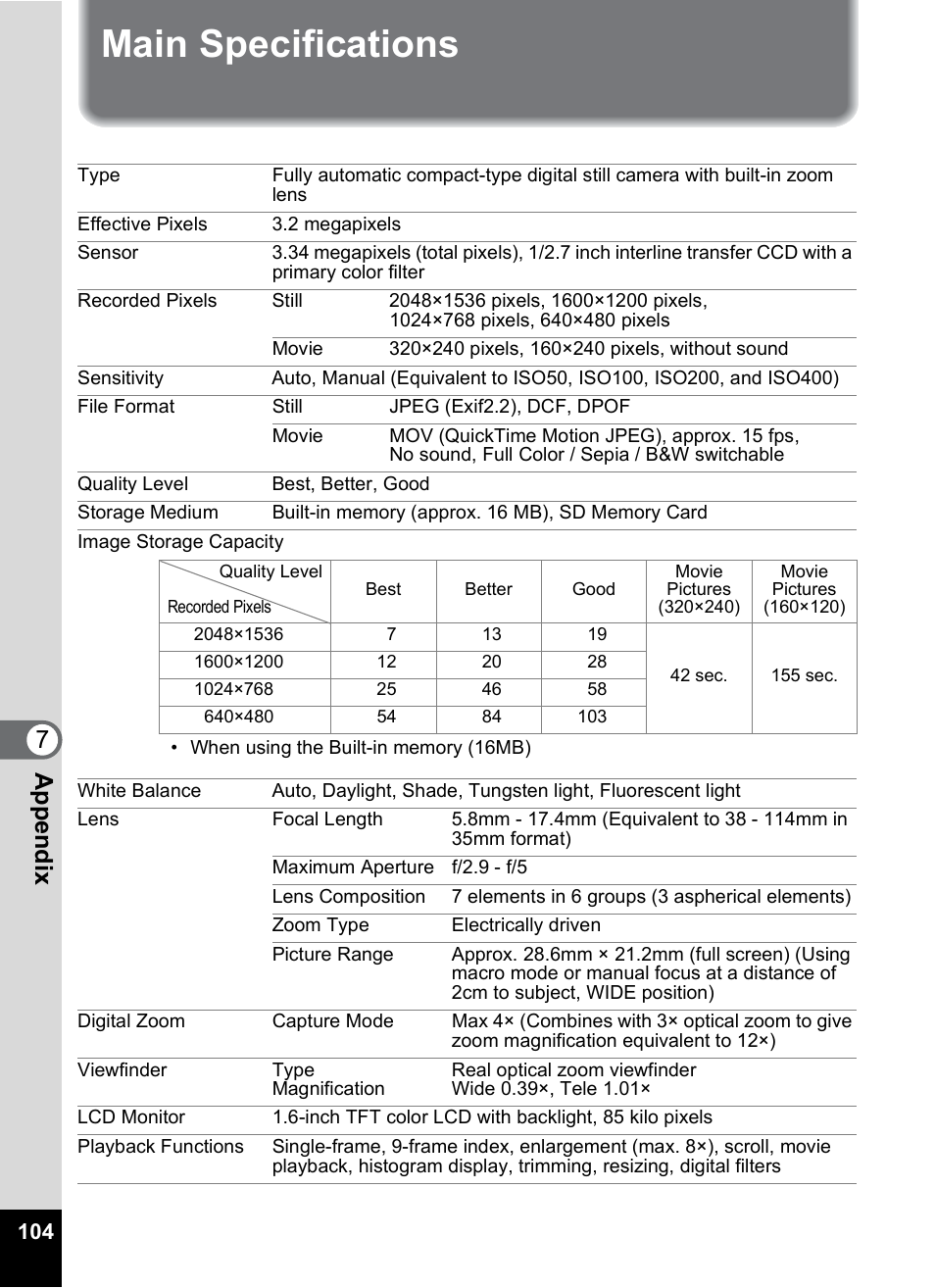 Main specifications, 7app e ndi x | Pentax 30 User Manual | Page 106 / 116