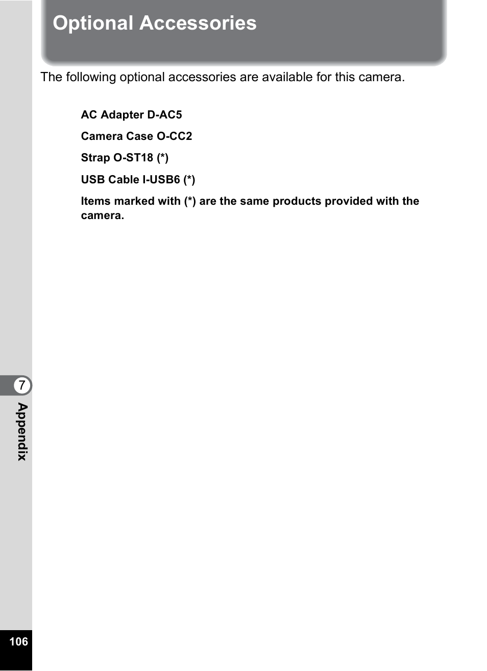 Optional accessories | Pentax 30 User Manual | Page 108 / 116