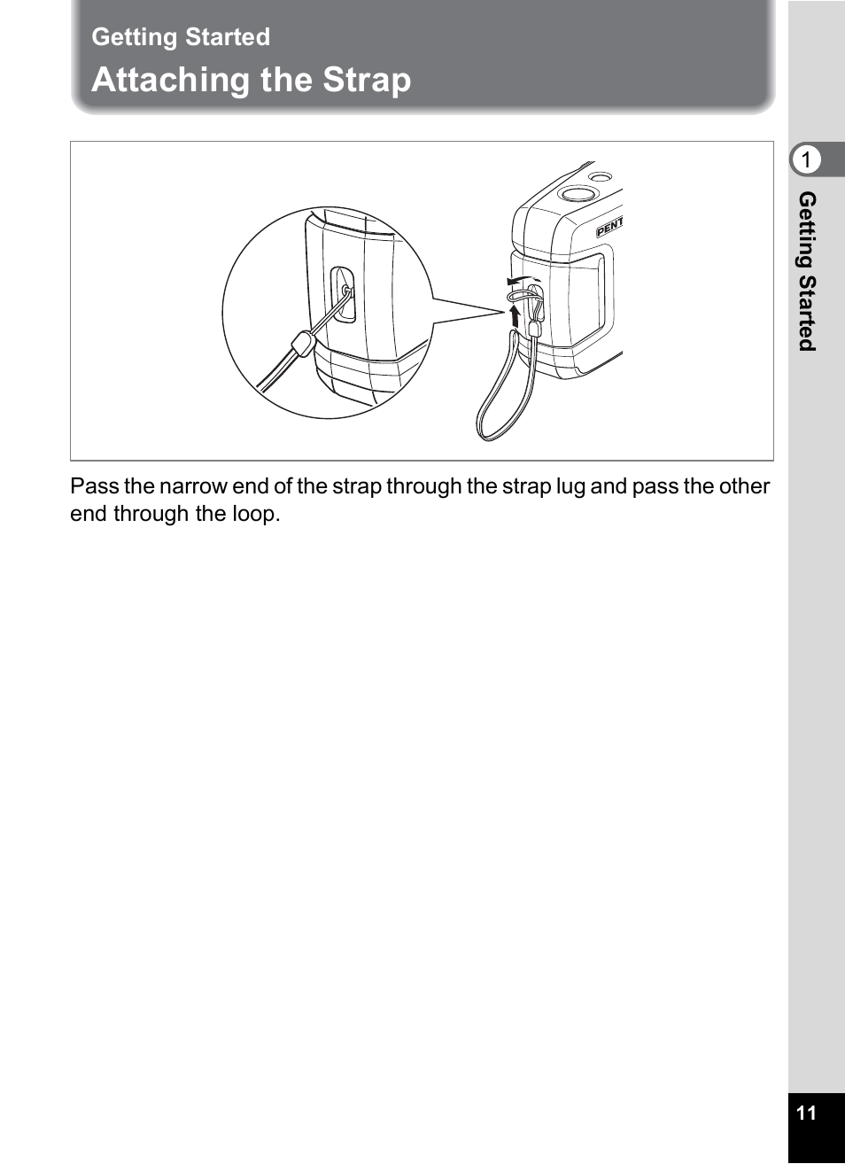 Getting started, Attaching the strap | Pentax 30 User Manual | Page 13 / 116