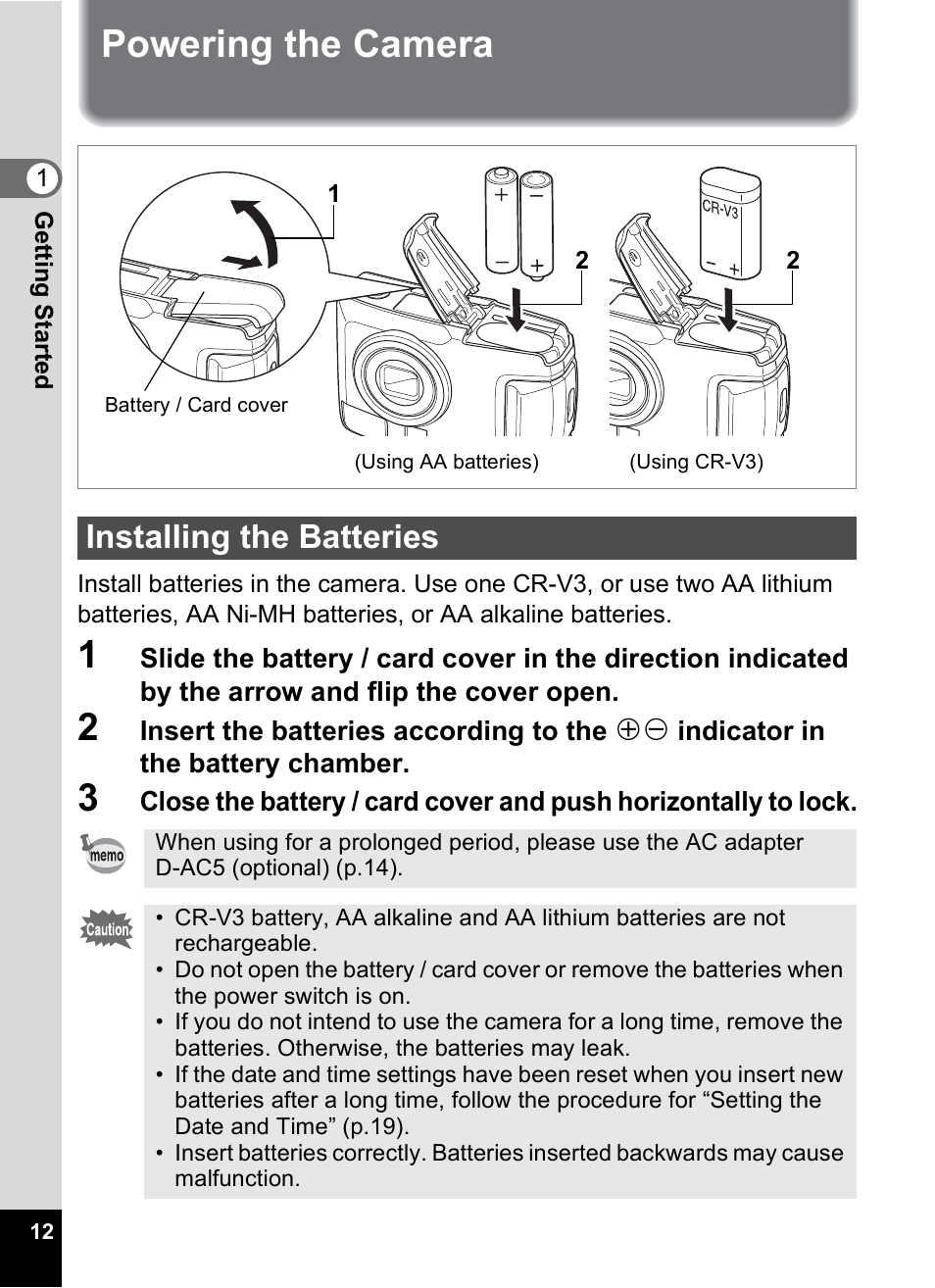 Powering the camera, Installing the batteries | Pentax 30 User Manual | Page 14 / 116