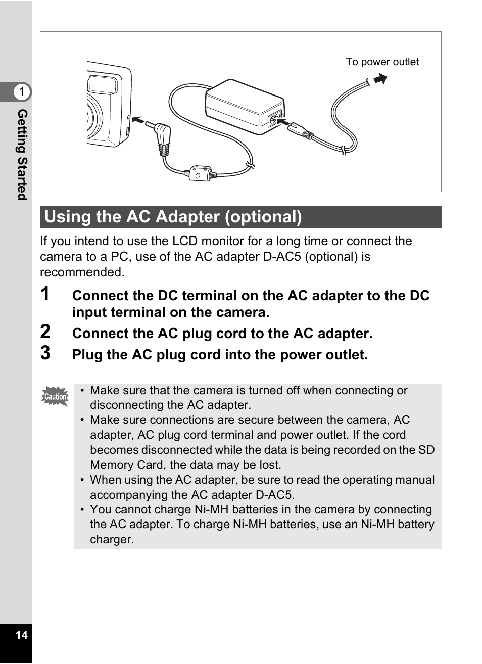 Using the ac adapter (optional) | Pentax 30 User Manual | Page 16 / 116