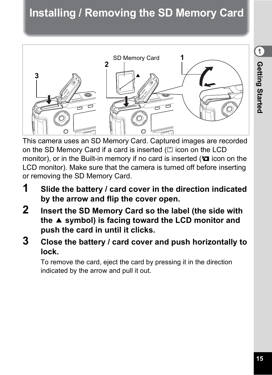 Installing / removing the sd memory card | Pentax 30 User Manual | Page 17 / 116