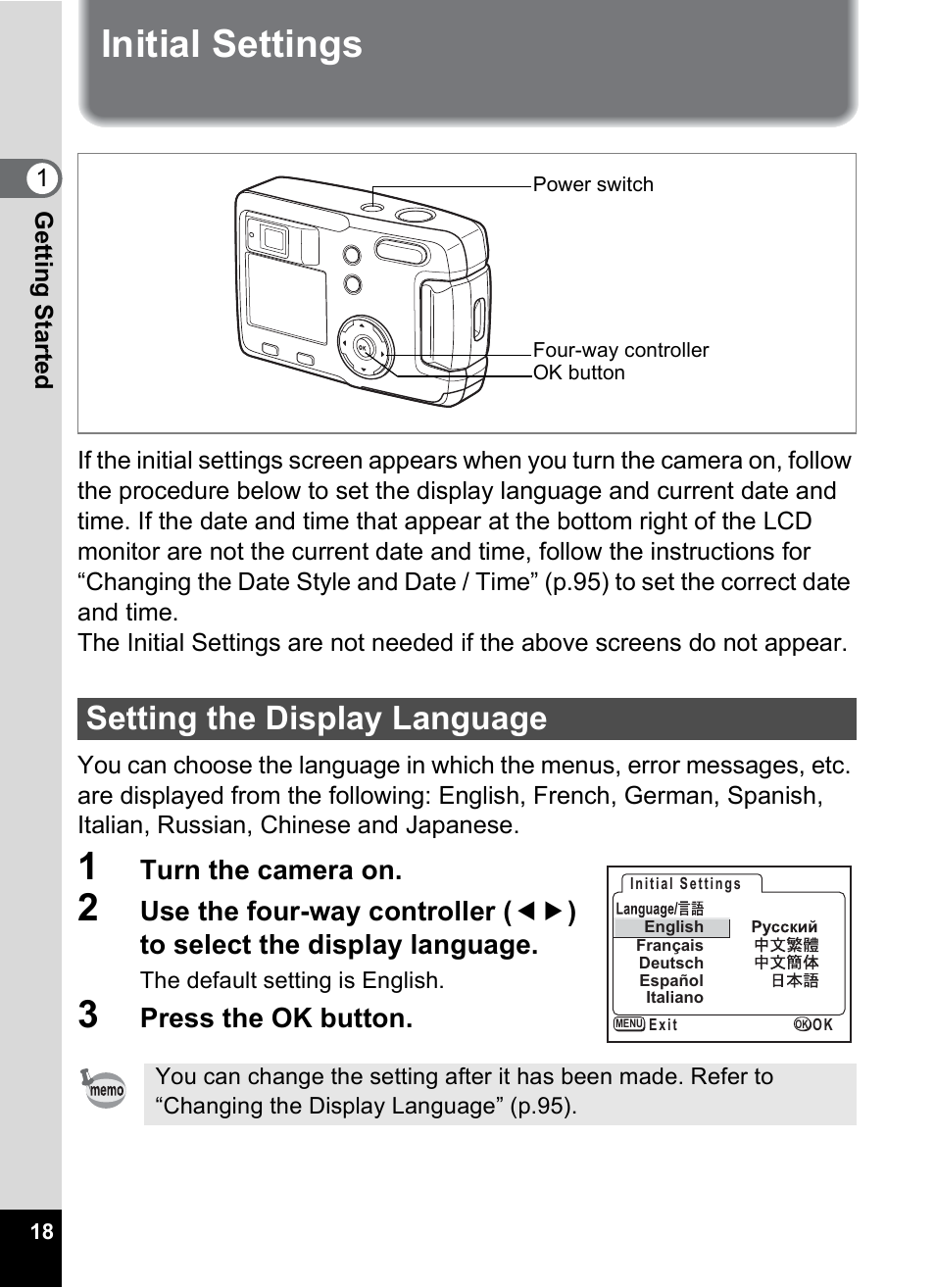 Initial settings, Setting the display language, Turn the camera on | Press the ok button | Pentax 30 User Manual | Page 20 / 116