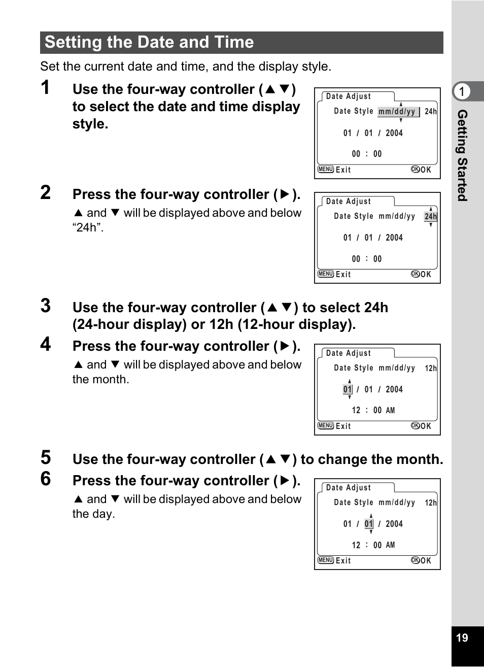 Setting the date and time, Press the four-way controller ( 5 ) | Pentax 30 User Manual | Page 21 / 116