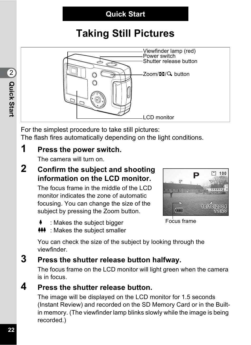Quick start, Taking still pictures | Pentax 30 User Manual | Page 24 / 116