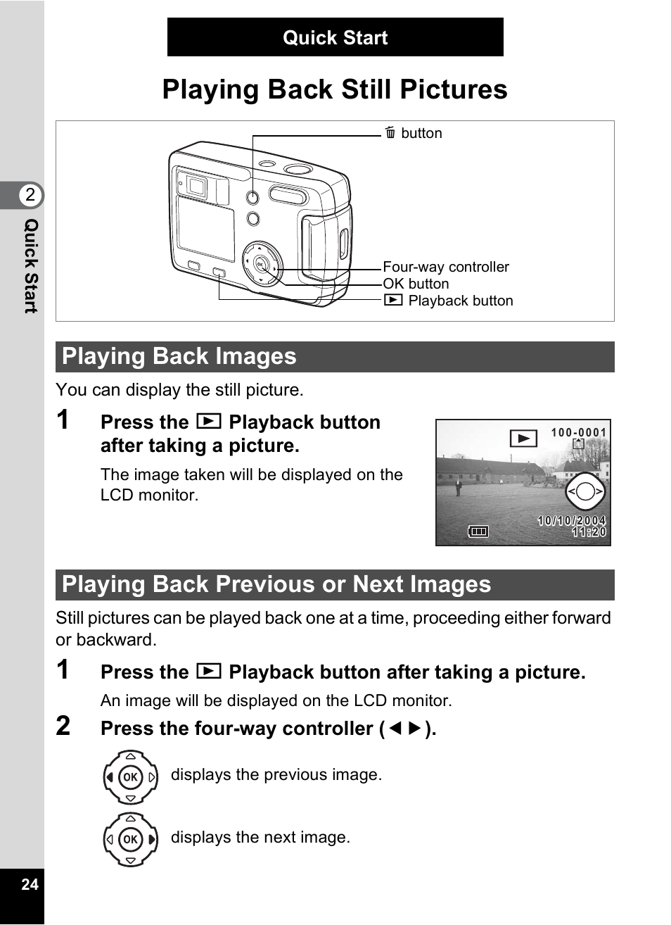 Playing back still pictures, Playing back images, Playing back previous or next images | Pentax 30 User Manual | Page 26 / 116