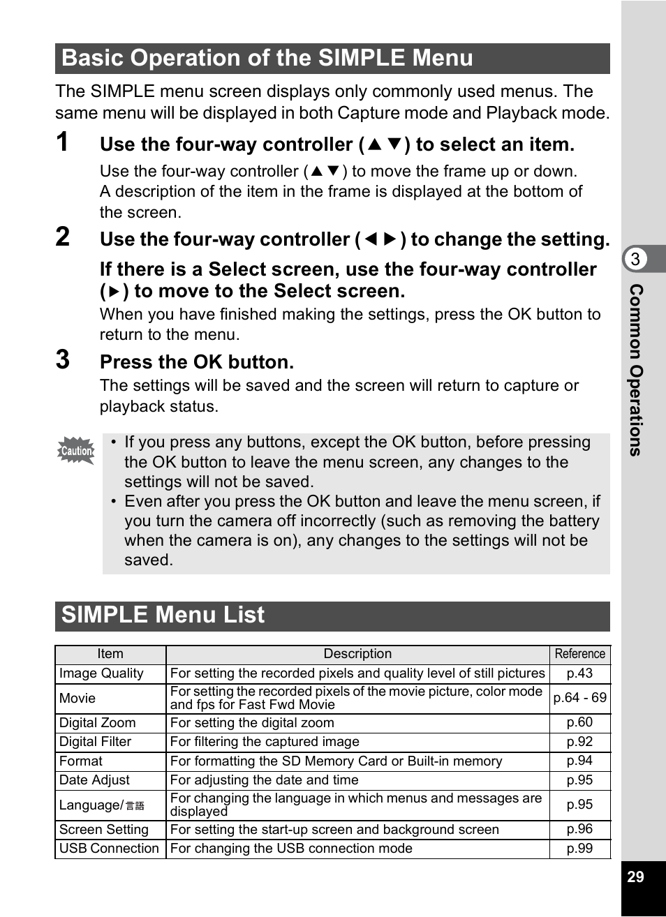 Basic operation of the simple menu, Simple menu list, P.29 | Press the ok button | Pentax 30 User Manual | Page 31 / 116