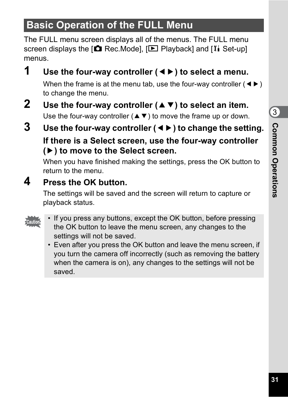 Basic operation of the full menu, Basic operation of the full menu” (p.31) | Pentax 30 User Manual | Page 33 / 116