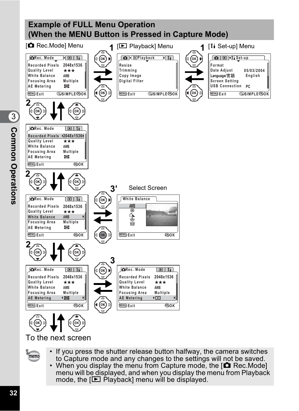 Q playback] menu [b set-up] menu, A rec.mode] menu select screen | Pentax 30 User Manual | Page 34 / 116