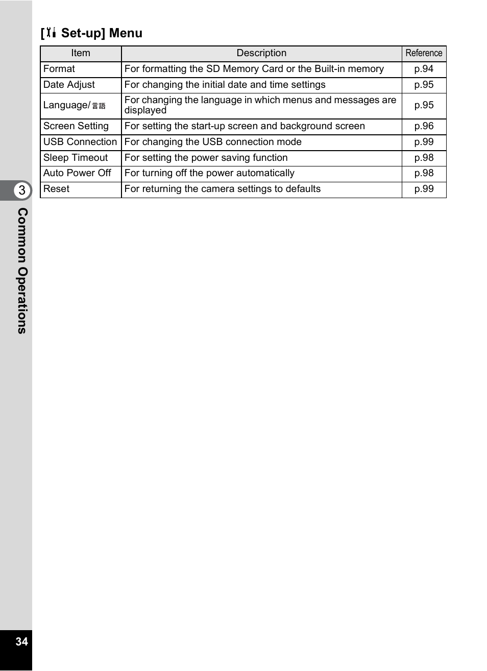 3com m on o p erati ons [ b set-up] menu | Pentax 30 User Manual | Page 36 / 116