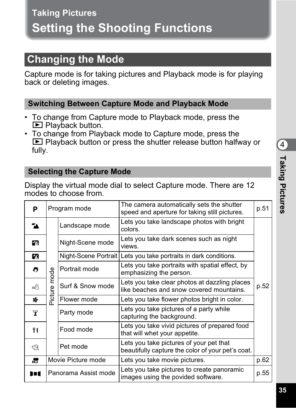 Taking pictures, Setting the shooting functions, Changing the mode | 1p.35) | Pentax 30 User Manual | Page 37 / 116