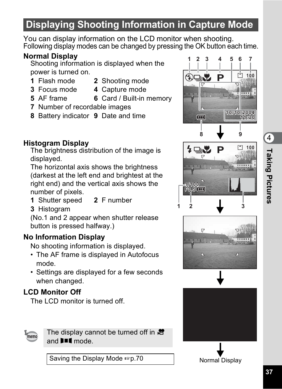 Displaying shooting information in capture mode, Histogram display, No information display | Lcd monitor off | Pentax 30 User Manual | Page 39 / 116