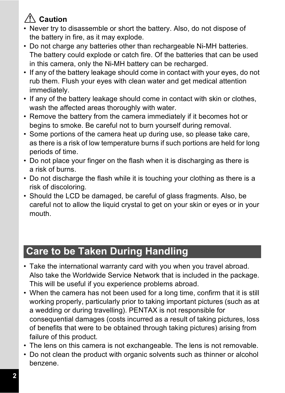 Care to be taken during handling | Pentax 30 User Manual | Page 4 / 116
