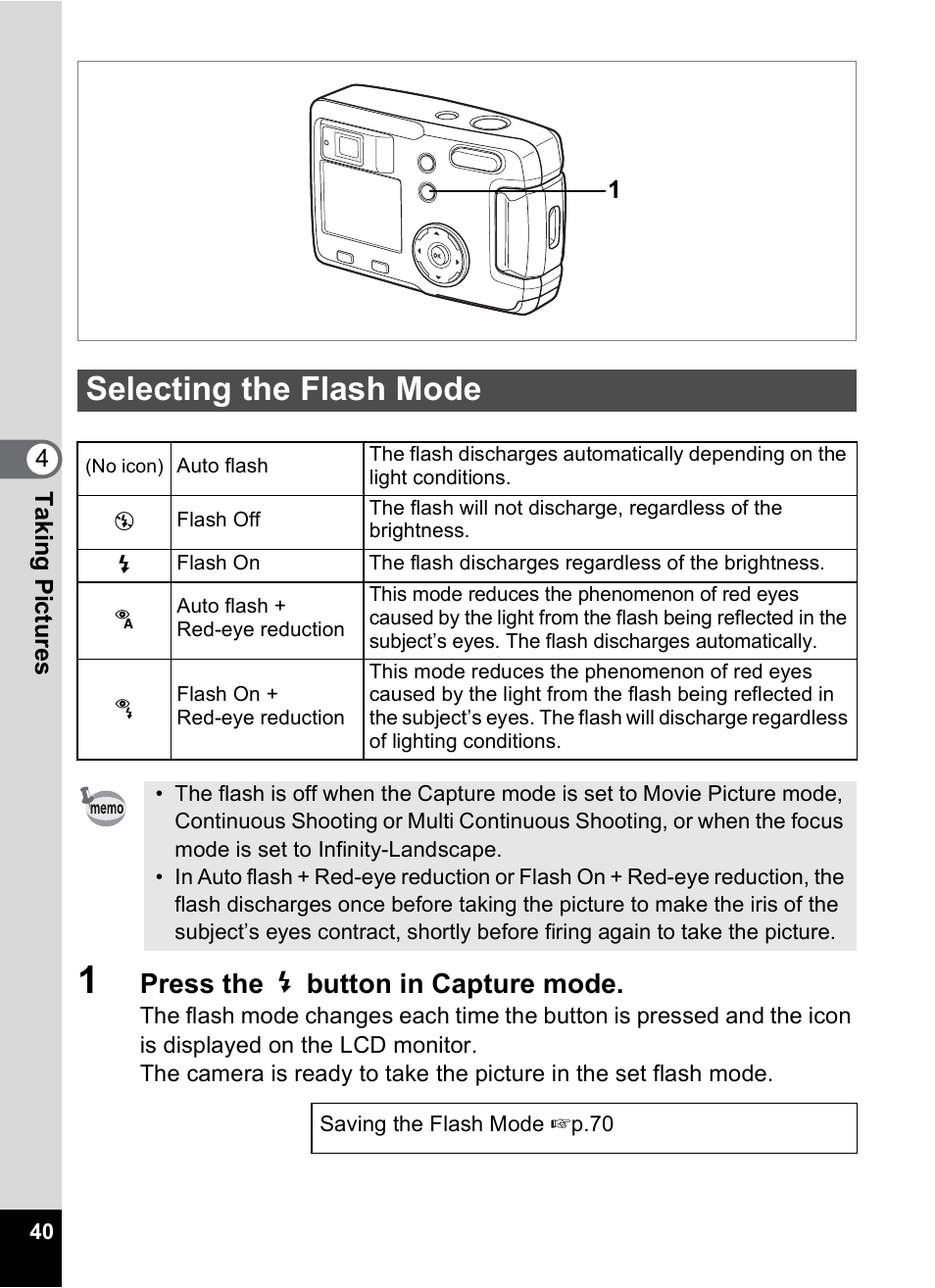 Selecting the flash mode, P.40, Press the b button in capture mode | Pentax 30 User Manual | Page 42 / 116