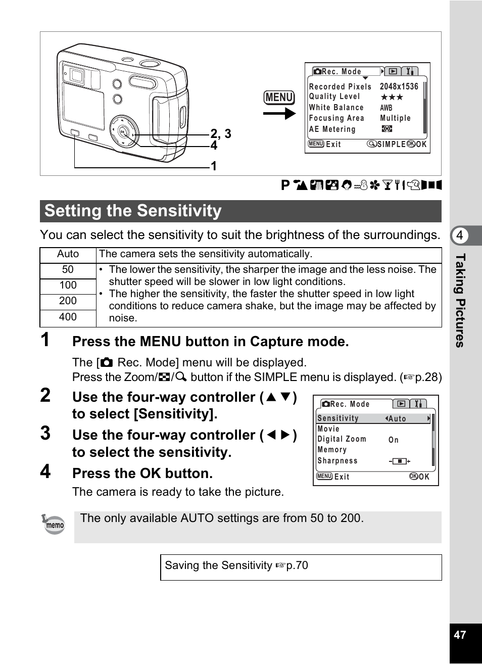 Setting the sensitivity, P.47, Press the menu button in capture mode | Press the ok button | Pentax 30 User Manual | Page 49 / 116