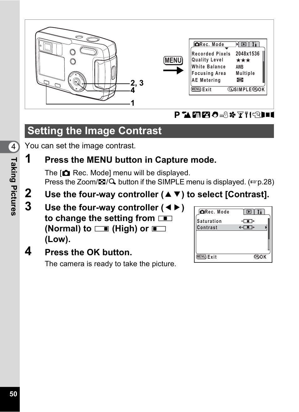 Setting the image contrast, P.50, Press the menu button in capture mode | Press the ok button | Pentax 30 User Manual | Page 52 / 116