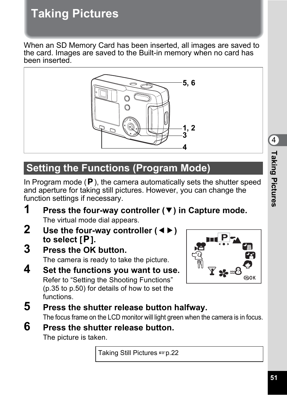 Taking pictures, Setting the functions (program mode), P.51 | Pentax 30 User Manual | Page 53 / 116