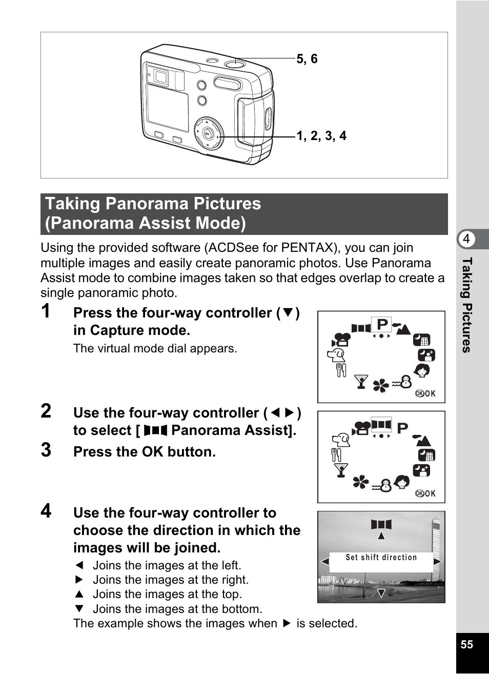 Taking panorama pictures (panorama assist mode), P.55 | Pentax 30 User Manual | Page 57 / 116