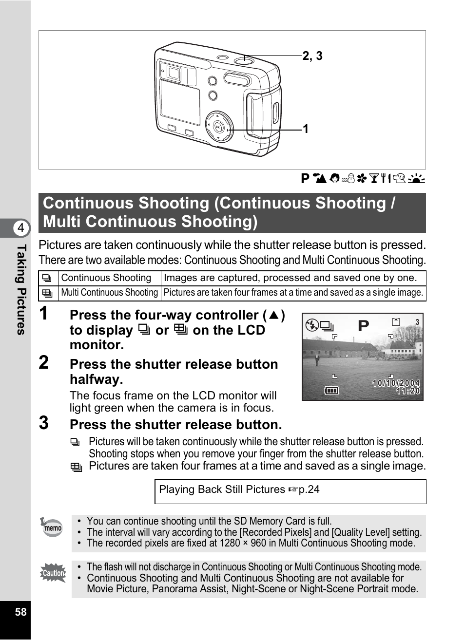 Continuous shooting, Continuous shooting / multi continuous shooting) | Pentax 30 User Manual | Page 60 / 116