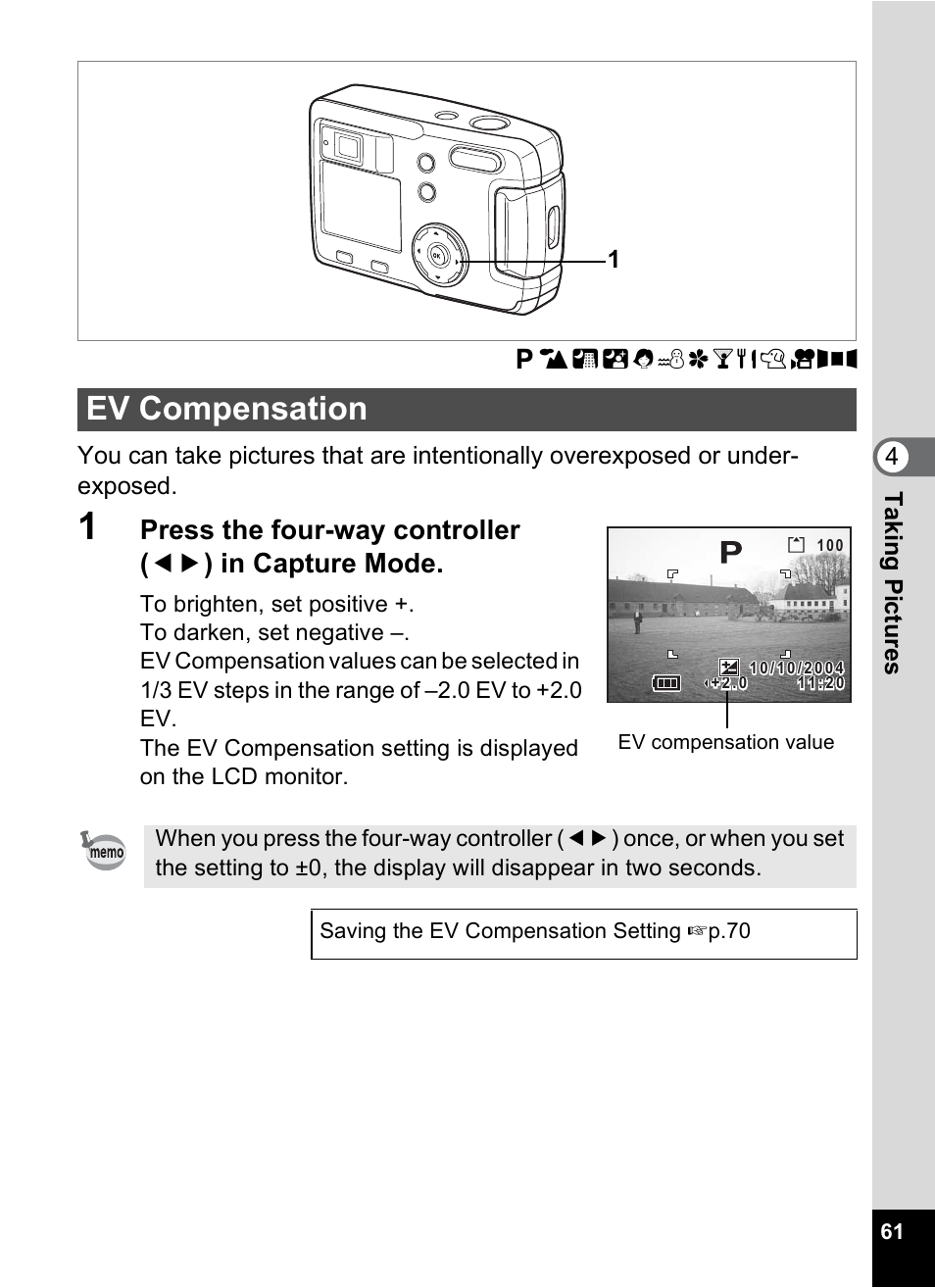 Ev compensation, P.61, 4tak ing pi cture s | Pentax 30 User Manual | Page 63 / 116