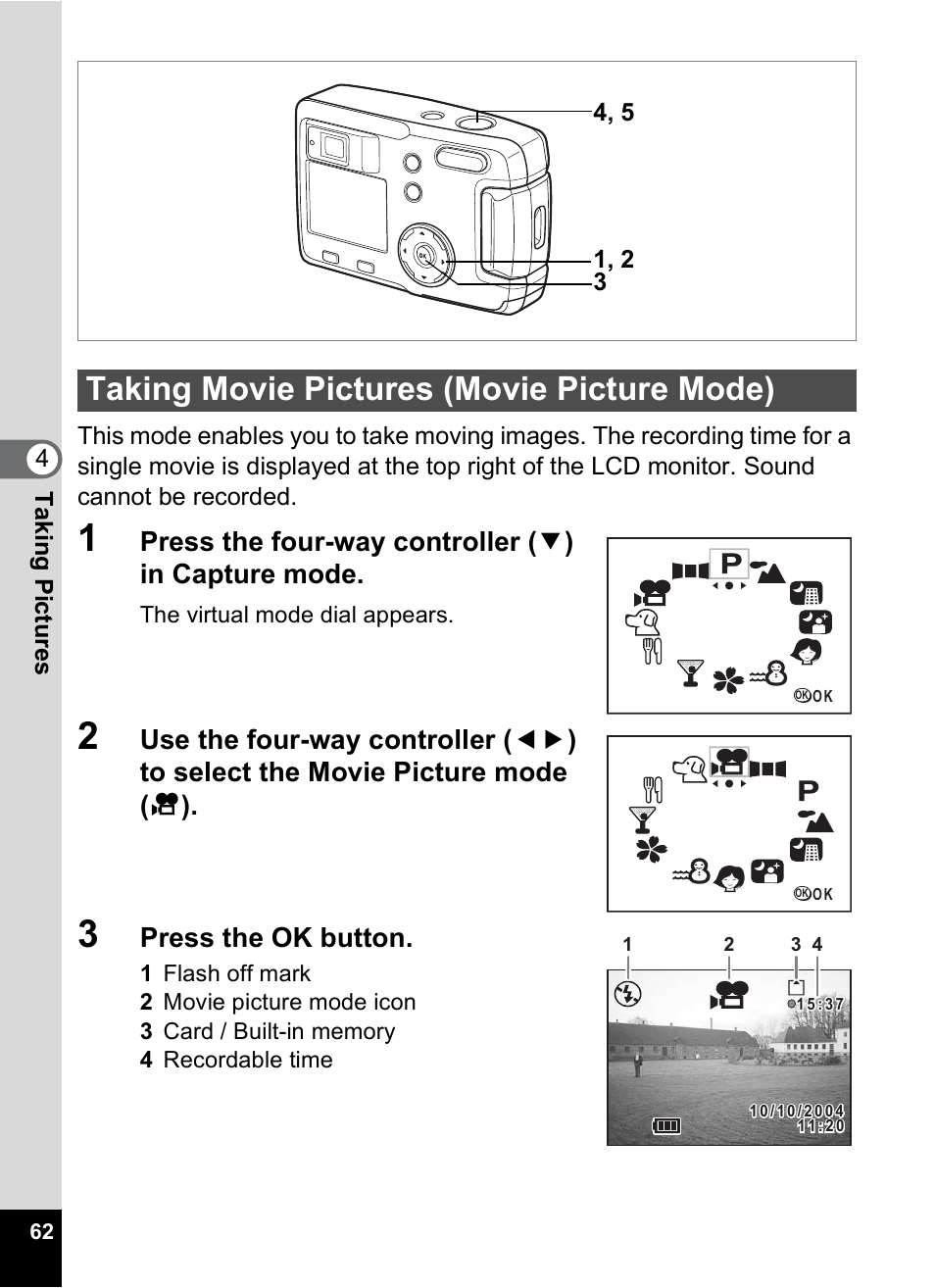 Taking movie pictures (movie picture mode), P.62, Press the ok button | Pentax 30 User Manual | Page 64 / 116