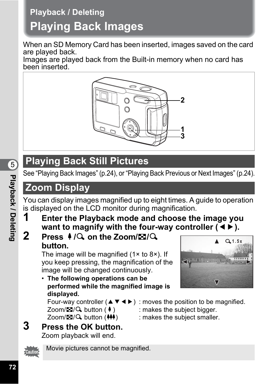 Playback / deleting, Playing back images, Playing back still pictures | Zoom display, P.72), P.72, Playing back still pictures zoom display | Pentax 30 User Manual | Page 74 / 116