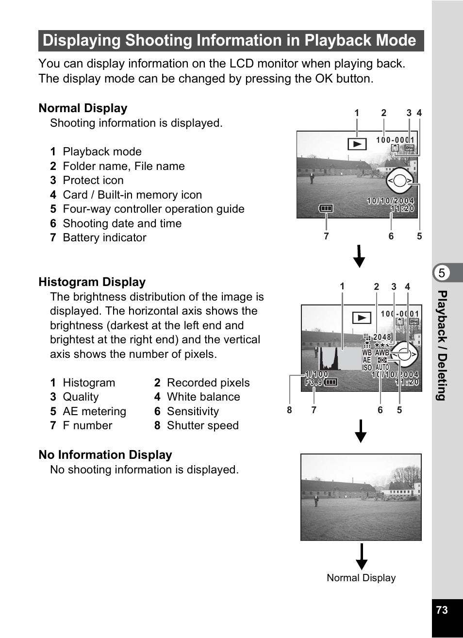 Displaying shooting information in playback mode, Histogram display, No information display | No shooting information is displayed | Pentax 30 User Manual | Page 75 / 116